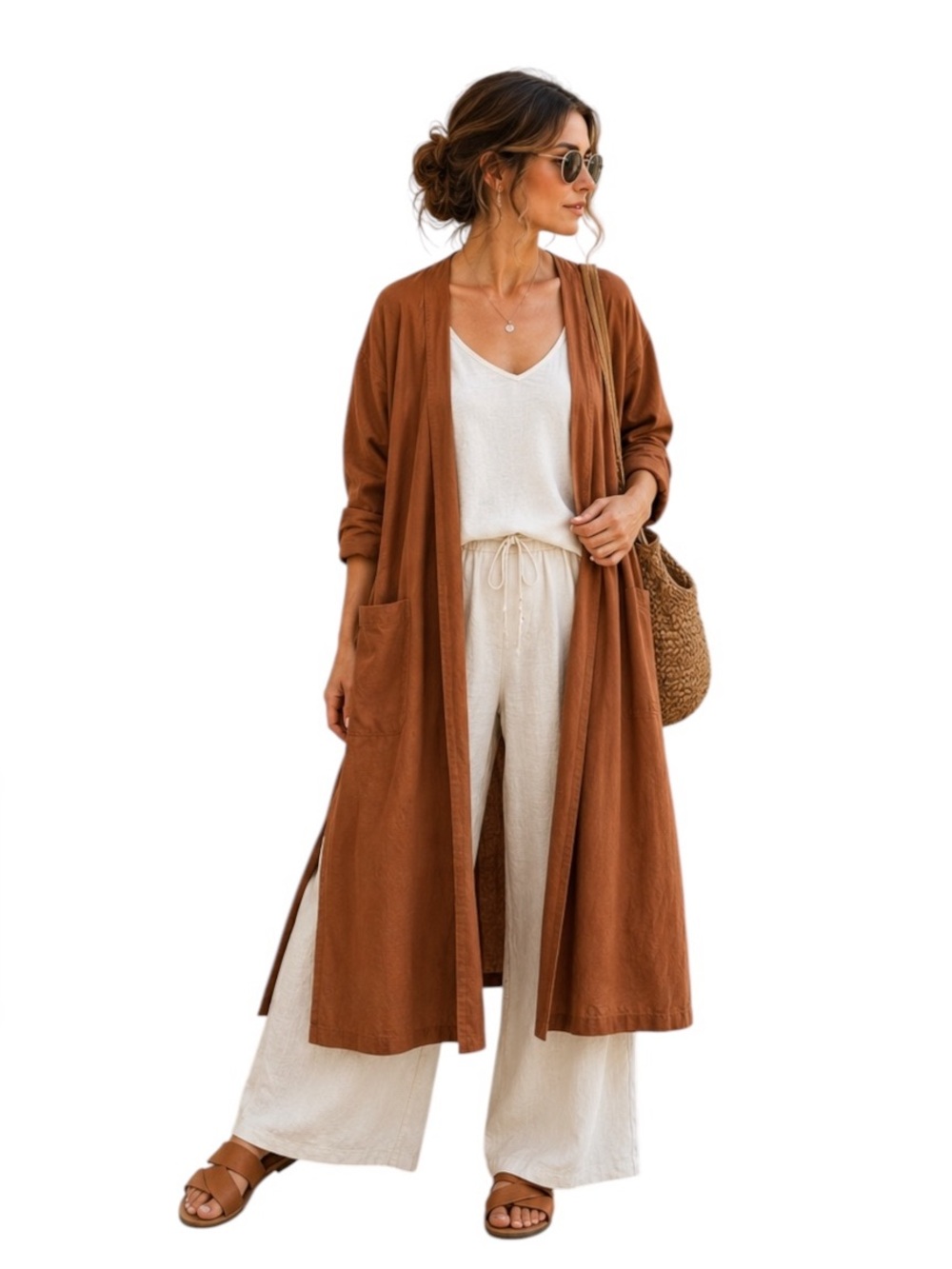 Japanese Minimalist Linen Blend Duster Robe Cardigan Copper Brown OS
